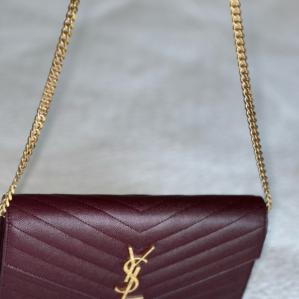Yves Saint Laurent Burgundy Shoulder Bag with Gold Chain (100% Authentic)